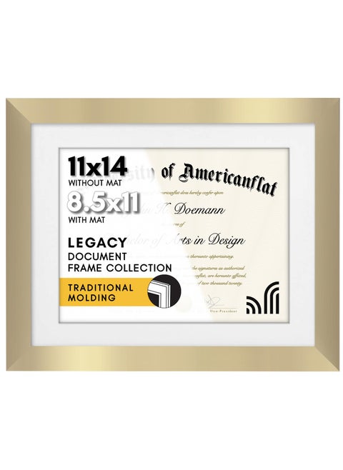 Americanflat 11x14 Diploma Frame with ShatterResistant Glass  Use as 85x11 Frame with Mat or Display 11x14 Documents Without Mat  Legacy Collection  Certificate Frames for Wall Display  Gold