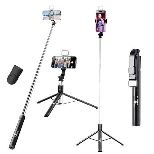 Kratos K50 Selfie Stick Tripod with Light, 67 inch/170CM Reinforced Tripod for Mobile Phone,Multi-Functional Bluetooth Long Selfie Stick for Travel,Vlogging,Compatible with iPhone and All Smartphones - Image 1