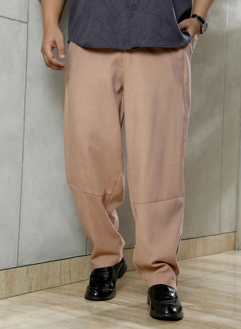 Instafab Plus Instafab Plus Men's Desert Beige Panelled Chino Trousers | Mid-Rise , Straight Hem , Button Closure | Solid Plain Polyester Blend Material For Street & Casual Wear