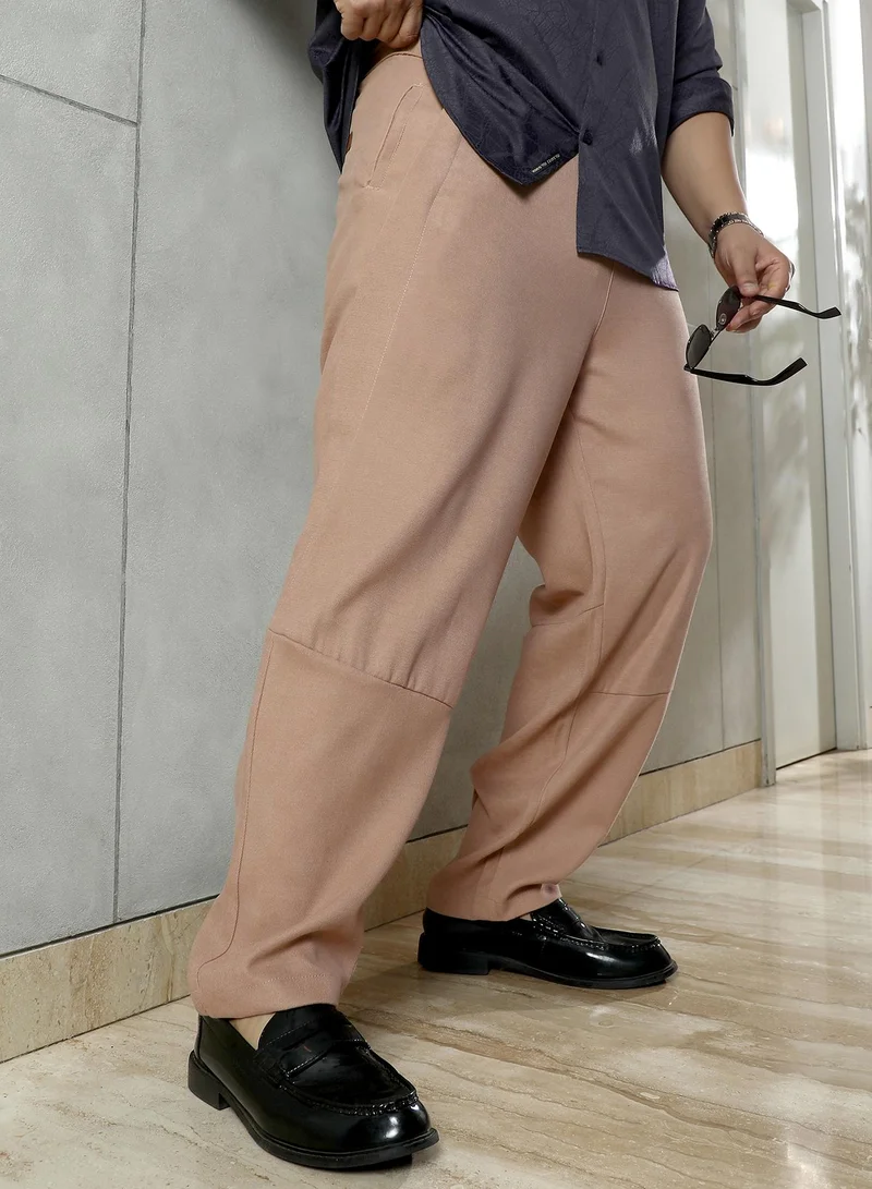 Instafab Plus Instafab Plus Men's Desert Beige Panelled Chino Trousers | Mid-Rise , Straight Hem , Button Closure | Solid Plain Polyester Blend Material For Street & Casual Wear