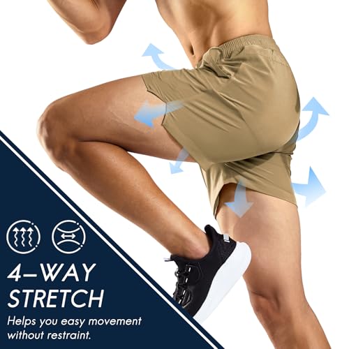 Haimont Mens Athletic Khaki Shorts 5 Inch Inseam, Elastic Waistband Quick Dry Running Short with Slits on Side, Khaki, L - Image 3