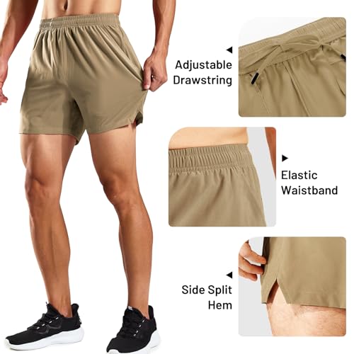 Haimont Mens Athletic Khaki Shorts 5 Inch Inseam, Elastic Waistband Quick Dry Running Short with Slits on Side, Khaki, L - Image 5