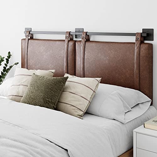Nathan James Harlow Modern Wall Mount Hanging Headboard Queen Brown Faux Leather