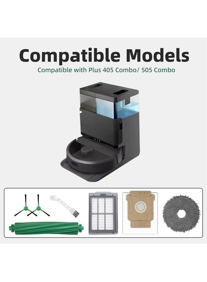 TOSOMO 25 قطعة مجموعة ملحقات لجهاز iRobot Roomba Plus 405 Combo/505 Combo مكنسة كهربائية روبوت، قطع غيار تشمل 2 فرش رئيسية، 6 فرش جانبية، 6 أكياس غبار، 6 ممسحات، 4 فلاتر وأداة تنظيف - Image 3