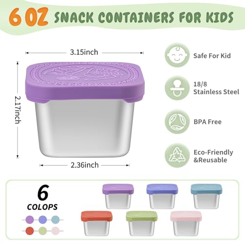 SANEXC 6 Oz Stainless Steel Snack Containers for Kids 6 Pack Metal Food Containers with Lids Silicone Easy Open 100 Leak Proof BPA Free Reusable Baby Lunch Box for Daycare Travel and Office - Image 3