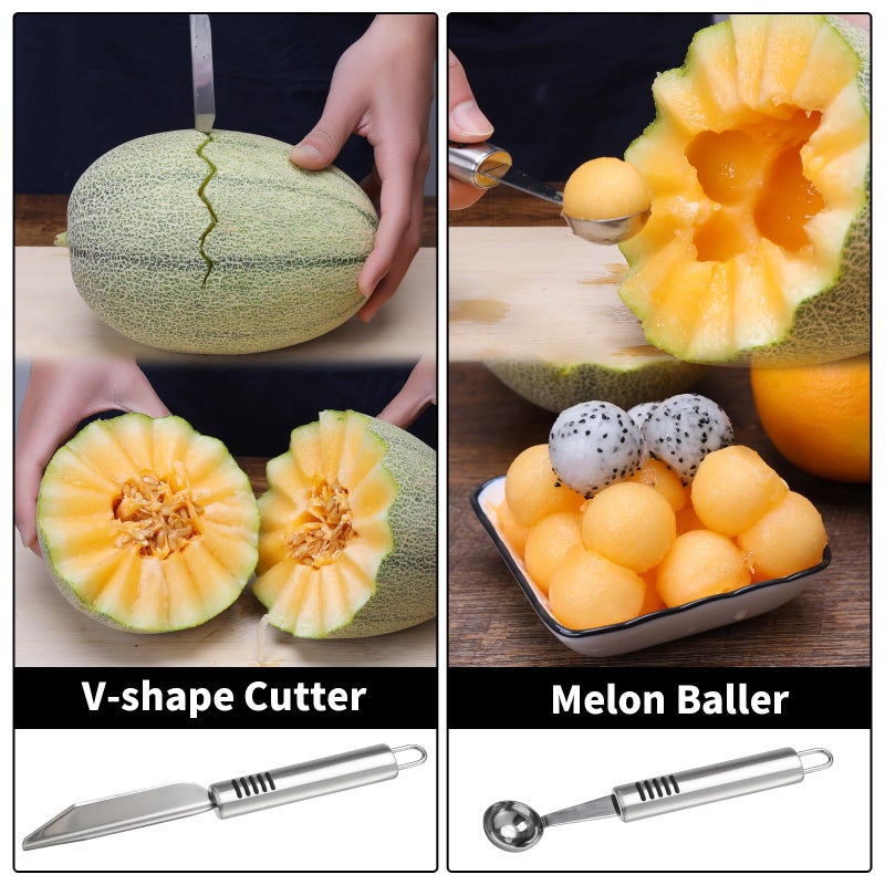 BURLIHOME Stainless Steel Fruit Carving Knife Set, 5 Pack Vegetable Engraving Blades for Kitchen, Melon Baller Scoop,Lemon Zester, Garnish Peeler,Crinkle Knife,V-shape Cutter - Image 3