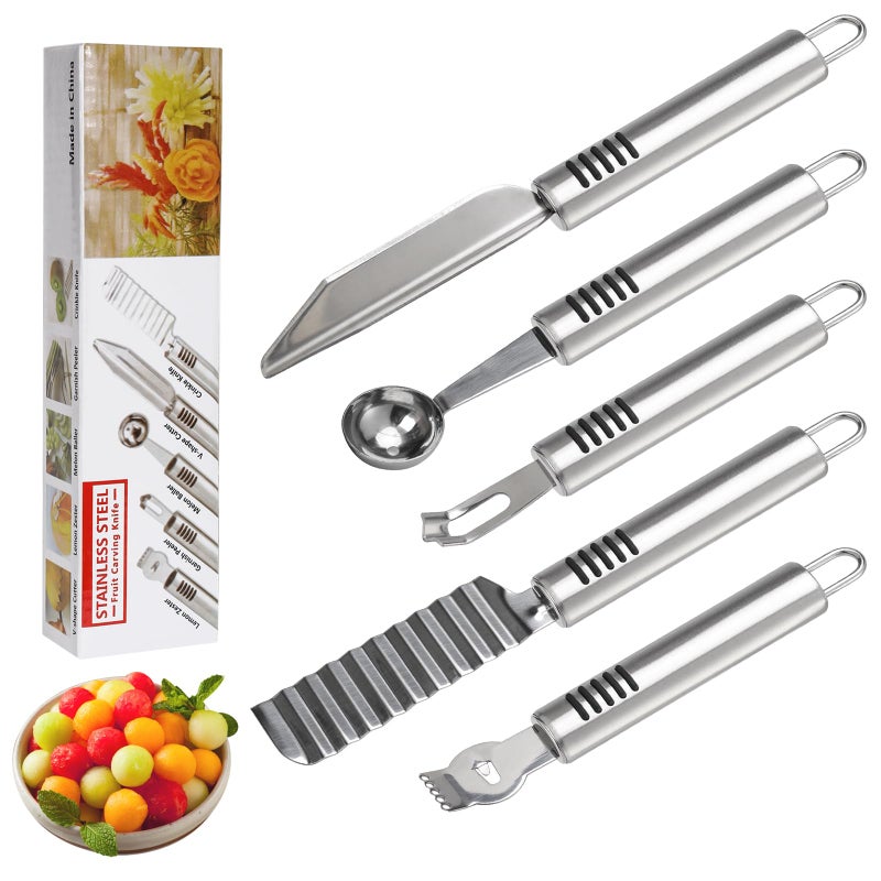 BURLIHOME Stainless Steel Fruit Carving Knife Set, 5 Pack Vegetable Engraving Blades for Kitchen, Melon Baller Scoop,Lemon Zester, Garnish Peeler,Crinkle Knife,V-shape Cutter - Image 1