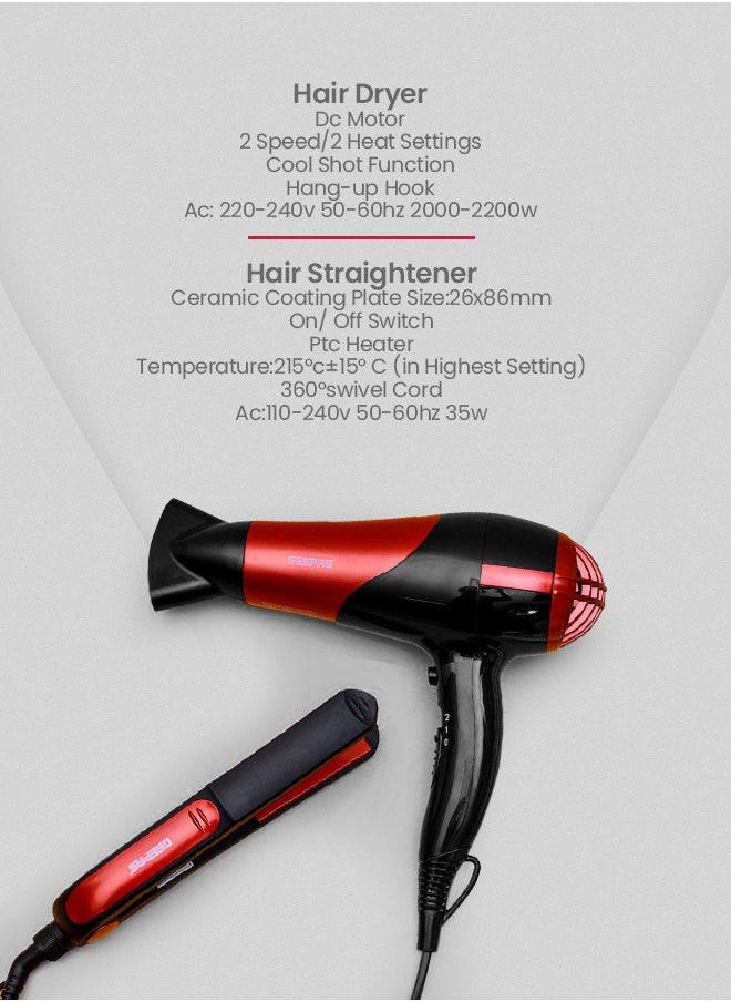 GEEPAS Professional Hair Dryer & Straightener Kit - 2 Speed Settings, 2-in-1 Travel Styler with Ceramic Coating  - Image 1