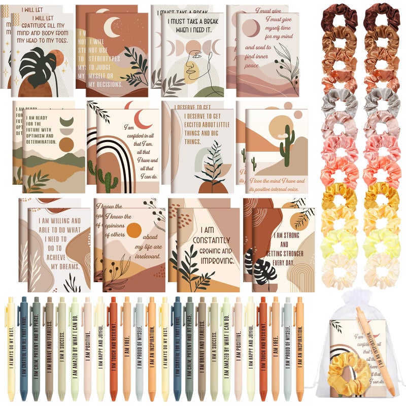 Mooliwe 72 Pcs/24 Set Boho Positive Affirmation Gift Set for Women Gratitude Notebooks with Pens and Hair Scrunchie Small Bags Motivational Encouragement Notepad for Women Coworkers Adult Party Favors - Image 1