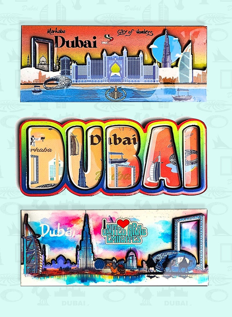 Souvenir Souq Fridge Magnet Wooden MDF 3 pcs (12×5 cm) Large Size | UAE Souvenir | Epoxy Shine Finish, - Image 1