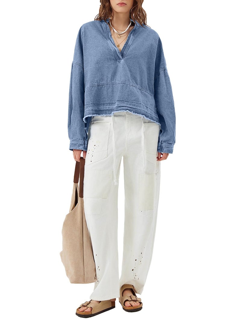PLNOTME Womens Denim Tops Pullover Trendy Casual V Neck Loose Fit Puff Sleeve Jean Cotton Shirts - Image 5