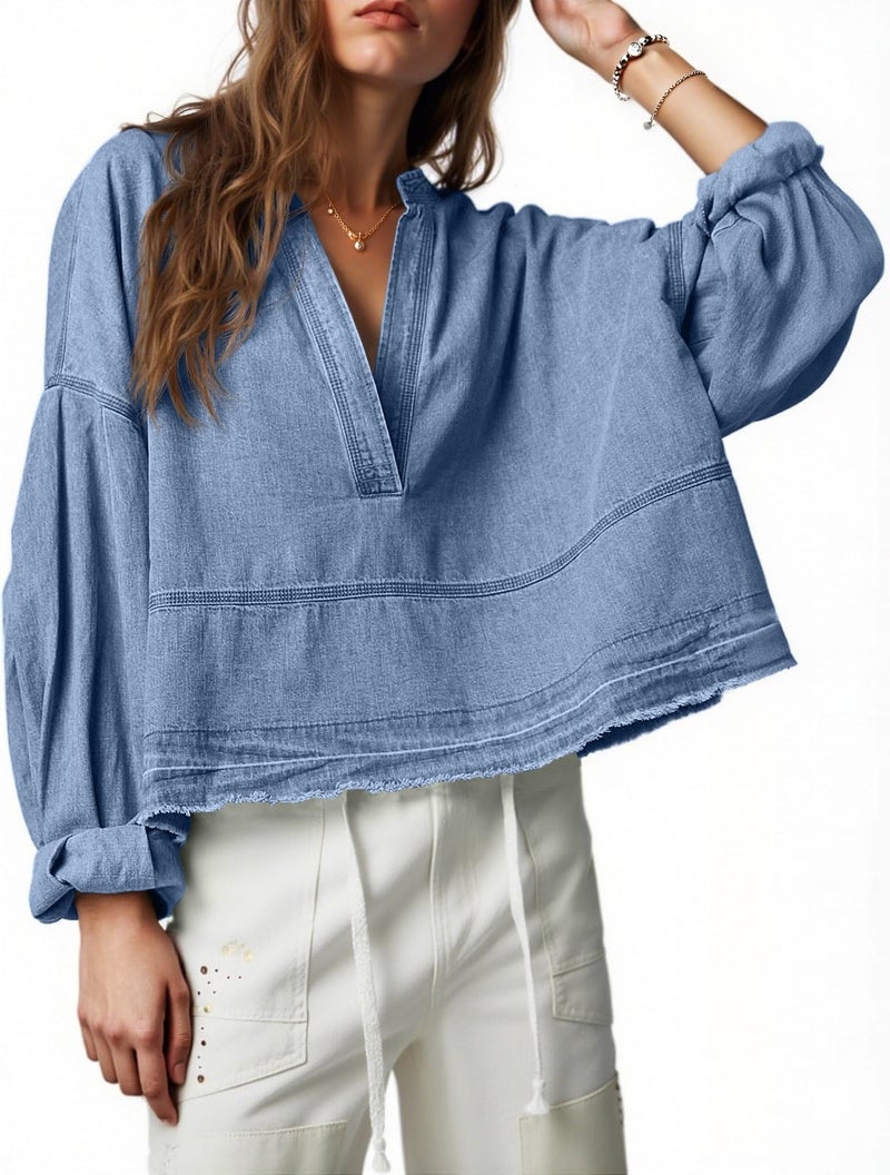 PLNOTME Womens Denim Tops Pullover Trendy Casual V Neck Loose Fit Puff Sleeve Jean Cotton Shirts - Image 1