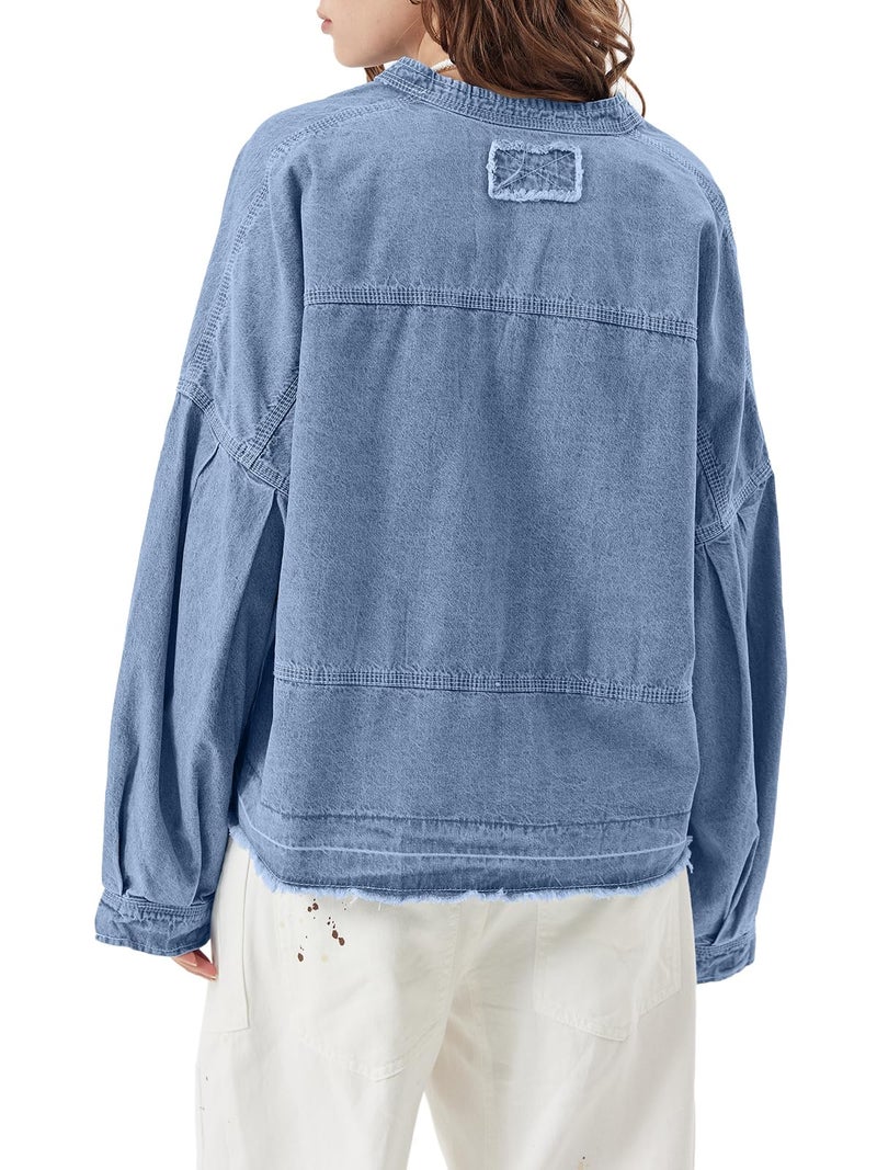 PLNOTME Womens Denim Tops Pullover Trendy Casual V Neck Loose Fit Puff Sleeve Jean Cotton Shirts - Image 3