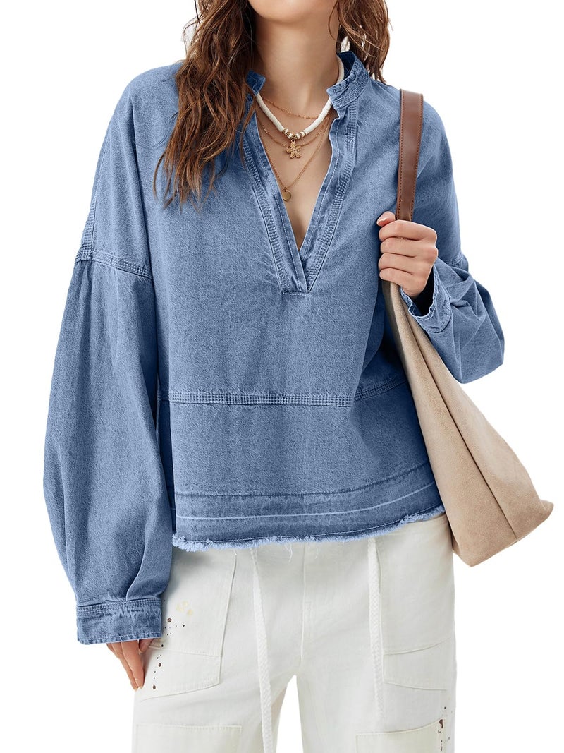 PLNOTME Womens Denim Tops Pullover Trendy Casual V Neck Loose Fit Puff Sleeve Jean Cotton Shirts - Image 2