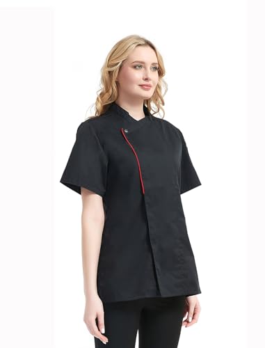 TopTie Women's Chef Coat With Contrast Piping Short Sleeve Chef Jacket - Image 3