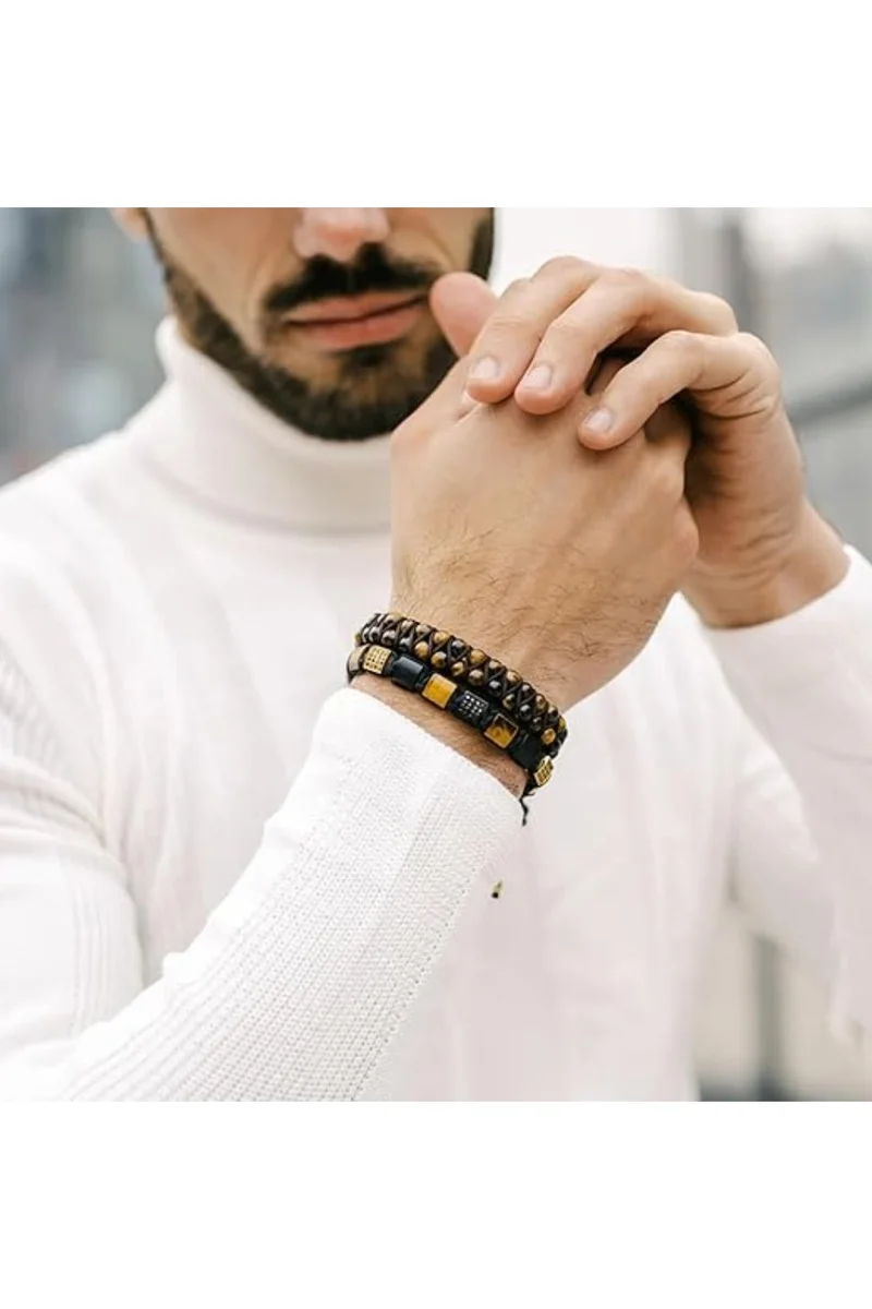 Lunnora Men’s Tiger Eye Double Bead Bracelet – Gift for Men – 100% Natural Gemstone, Adjustable, One Size Fits All – Grounding Effect Bracelet