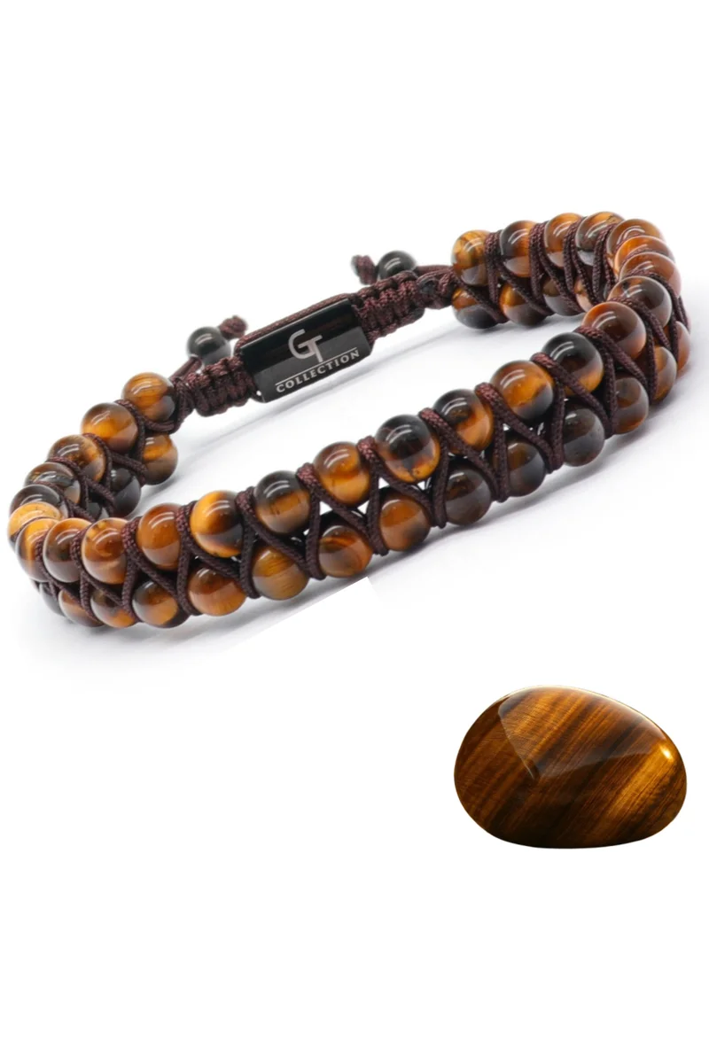 Lunnora Men’s Tiger Eye Double Bead Bracelet – Gift for Men – 100% Natural Gemstone, Adjustable, One Size Fits All – Grounding Effect Bracelet