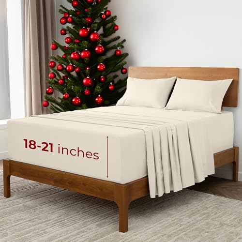 Mellanni Extra Deep Queen Sheets - 4 PC Iconic Collection Bedding - Hotel Luxury, Ultra Soft, Cooling Bed Sheets - Wrinkle, Fade, Stain Resistant (Queen, Golden Ivory) - Image 1