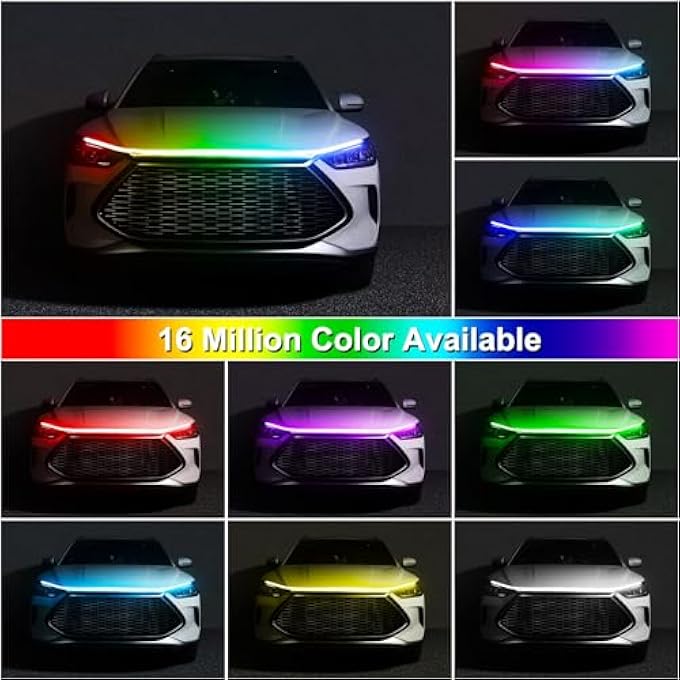 KASTWAVE Exterior Car Led Hood Light Strip 59 In Multi Color Car Under Hood Decoration Light Strips With Chasing Flexible Waterproof Daytime Running Light Strip Kit For Cars Suvs Trucks - Image 3