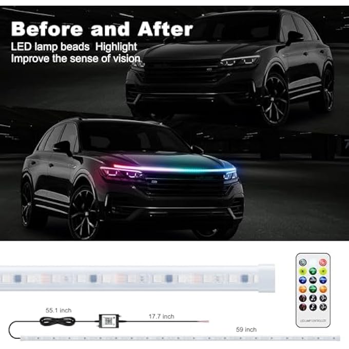 KASTWAVE Exterior Car Led Hood Light Strip 59 In Multi Color Car Under Hood Decoration Light Strips With Chasing Flexible Waterproof Daytime Running Light Strip Kit For Cars Suvs Trucks - Image 5