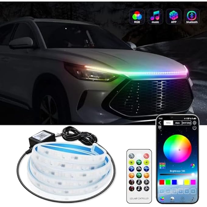 KASTWAVE Exterior Car Led Hood Light Strip 59 In Multi Color Car Under Hood Decoration Light Strips With Chasing Flexible Waterproof Daytime Running Light Strip Kit For Cars Suvs Trucks - Image 2