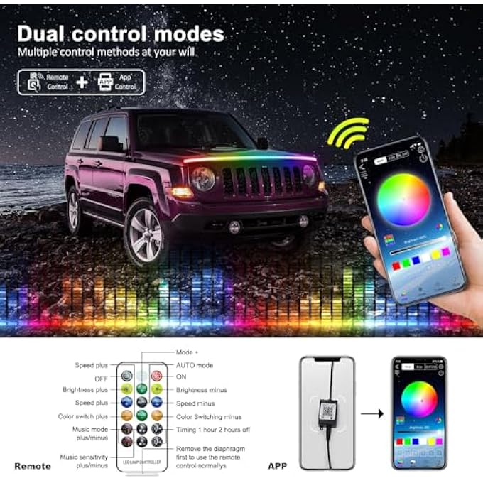 KASTWAVE Exterior Car Led Hood Light Strip 59 In Multi Color Car Under Hood Decoration Light Strips With Chasing Flexible Waterproof Daytime Running Light Strip Kit For Cars Suvs Trucks - Image 4