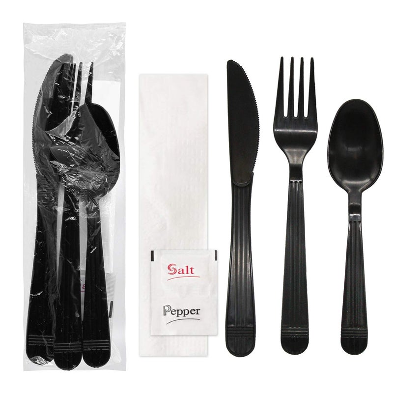 Party Essentials Individually Wrapped Black Plastic Cutlery PacketsHeavy Duty Silverware Kits ForkSpoonKnifeNapkinSaltPepper 100 Sets