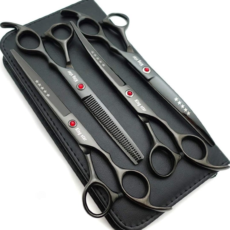 Kingstar 7.0in Titanium Professional dog Grooming Scissors set,Straight & Thinning & Curved scissors 4pcs set for Dog grooming (Bright black) - Image 1