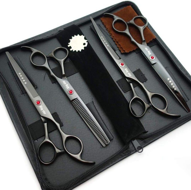 Kingstar 7.0in Titanium Professional dog Grooming Scissors set,Straight & Thinning & Curved scissors 4pcs set for Dog grooming (Bright black) - Image 2