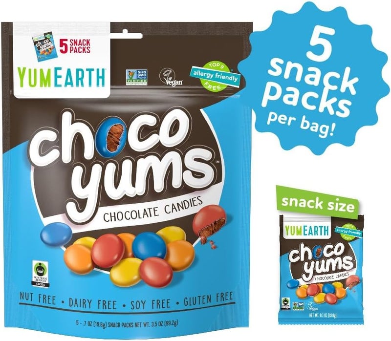 YumEarth حلوى الشوكولاتة YumEarth Choco Yums - 5 عبوات خفيفة، صديقة للحساسية، خالية من الغلوتين، غير معدلة وراثيًا، نباتية - Image 3