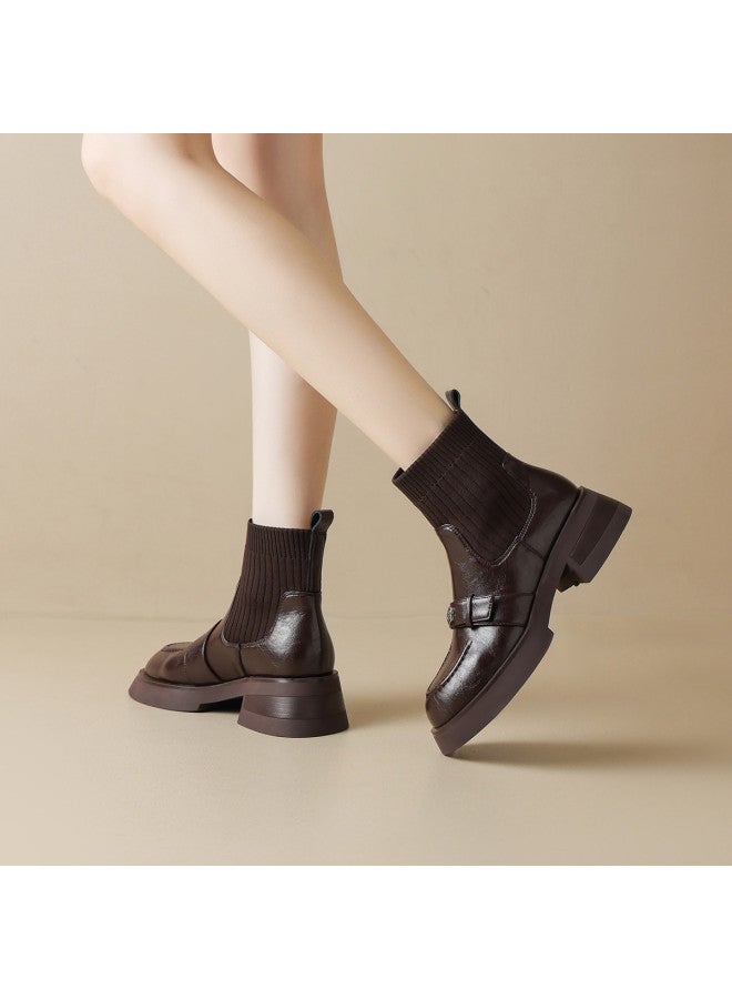 AME Patchwork Knit Sock Boots 2025 New Retro Hong Kong Style Camellia Slimming Boots, Youthful And Comfortable Ankle Boots - Image 3