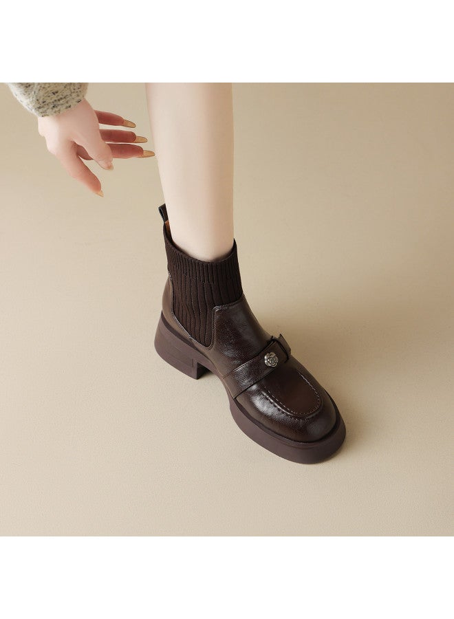AME Patchwork Knit Sock Boots 2025 New Retro Hong Kong Style Camellia Slimming Boots, Youthful And Comfortable Ankle Boots - Image 2