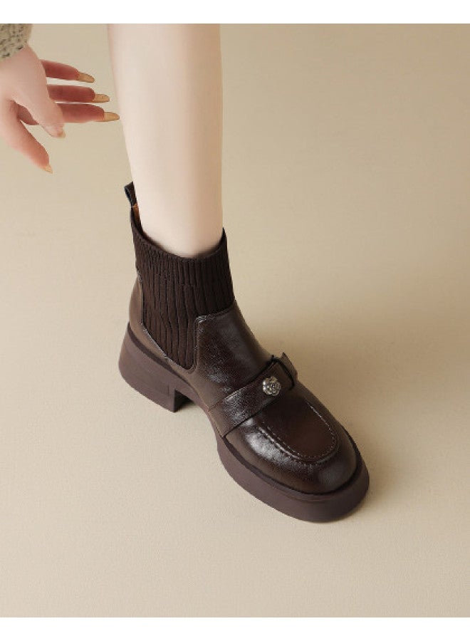 AME Patchwork Knit Sock Boots 2025 New Retro Hong Kong Style Camellia Slimming Boots, Youthful And Comfortable Ankle Boots - Image 1
