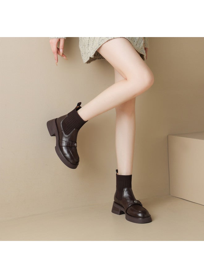 AME Patchwork Knit Sock Boots 2025 New Retro Hong Kong Style Camellia Slimming Boots, Youthful And Comfortable Ankle Boots - Image 5