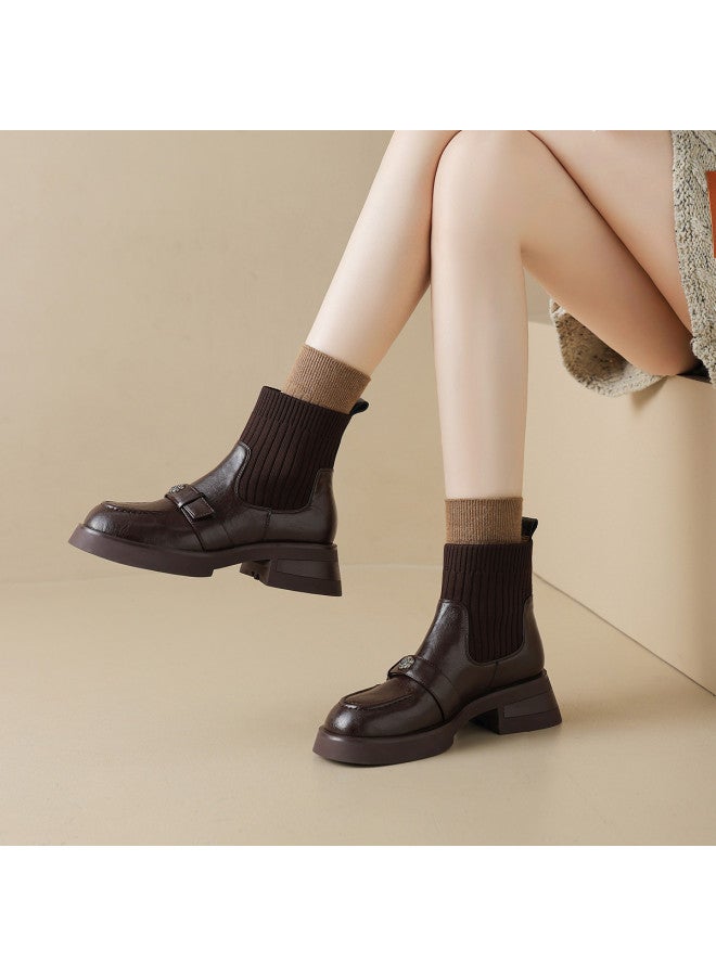 AME Patchwork Knit Sock Boots 2025 New Retro Hong Kong Style Camellia Slimming Boots, Youthful And Comfortable Ankle Boots - Image 4
