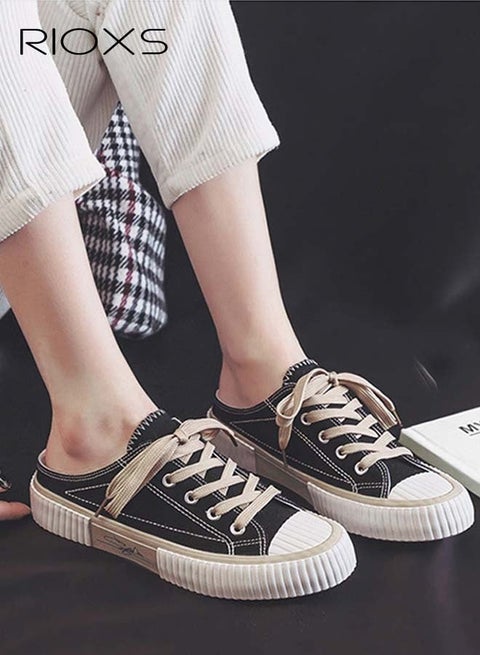 Women's Canvas Mules, Comfort Slip-On Mule Shoes, Classic Backless Low-Top Sneakers, Fashion Canvas Slip-on Shoes, Lightweight Walking Shoes, Close Round Toed Slide Plimsolls Shoes, Ladies Casual Athlesiure Shoes, Flexible Flat Mule Loafers for Office, Traveling, Around Downtown, Womens Footwear Black