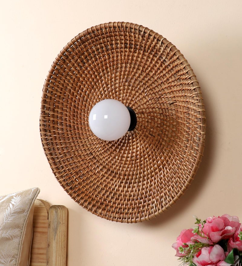 AKWAY Rattan Wall Lamps for Living Room | Bamboo Wall Lights for Bedroom | Cane Wall scones for Home Decoration (Cane Big Saucer - Brown) - Image 1