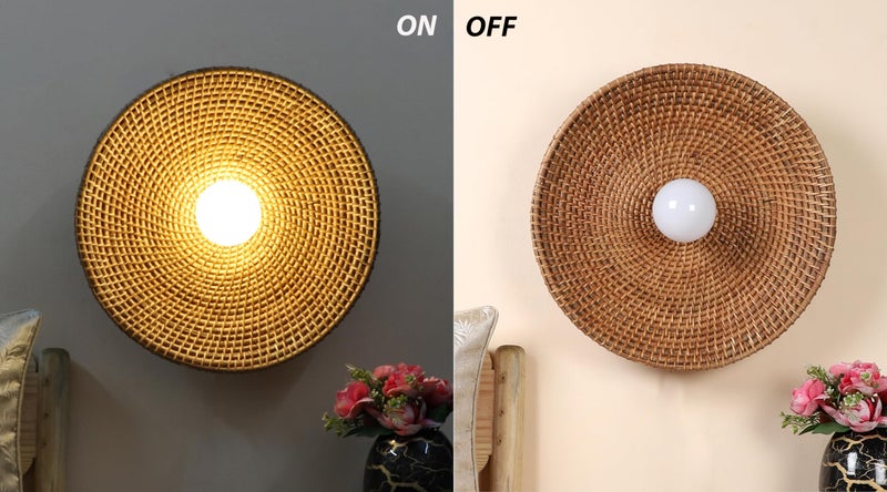 AKWAY Rattan Wall Lamps for Living Room | Bamboo Wall Lights for Bedroom | Cane Wall scones for Home Decoration (Cane Big Saucer - Brown) - Image 3
