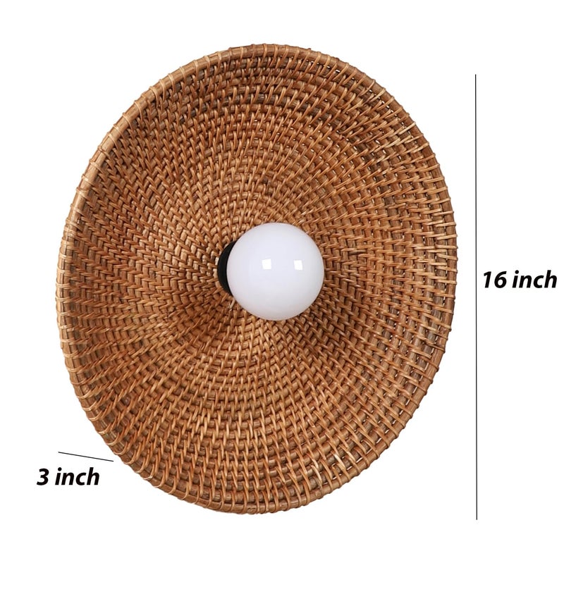 AKWAY Rattan Wall Lamps for Living Room | Bamboo Wall Lights for Bedroom | Cane Wall scones for Home Decoration (Cane Big Saucer - Brown) - Image 4
