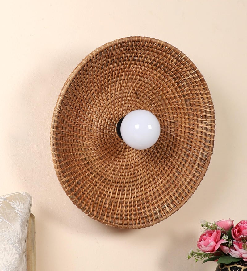 AKWAY Rattan Wall Lamps for Living Room | Bamboo Wall Lights for Bedroom | Cane Wall scones for Home Decoration (Cane Big Saucer - Brown) - Image 5