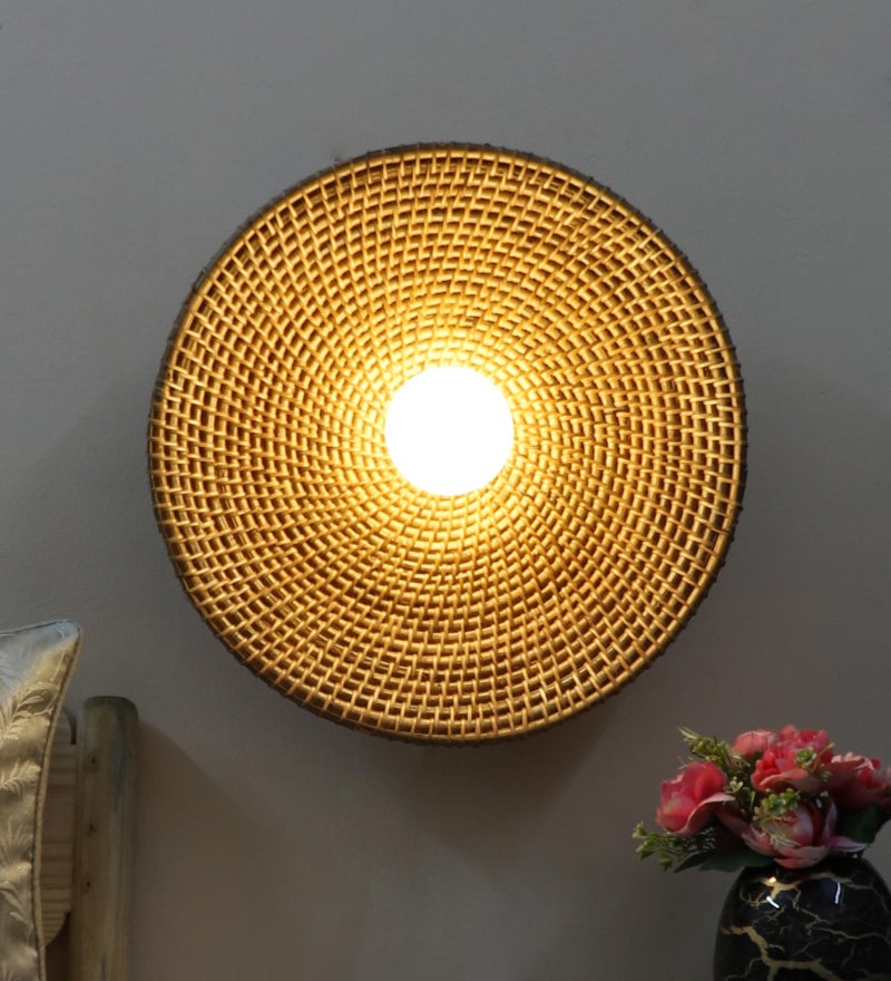 AKWAY Rattan Wall Lamps for Living Room | Bamboo Wall Lights for Bedroom | Cane Wall scones for Home Decoration (Cane Big Saucer - Brown) - Image 2