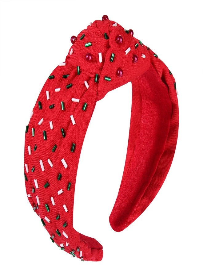 HSWE Christmas Knotted Headbands Red Green Sprinkle Knotted Headband Birthday Hairbands Statement Velvet Wide Turban Hair Hoop for Women Girls Xmas Holiday Party Hair Accessories Gifts - Image 1