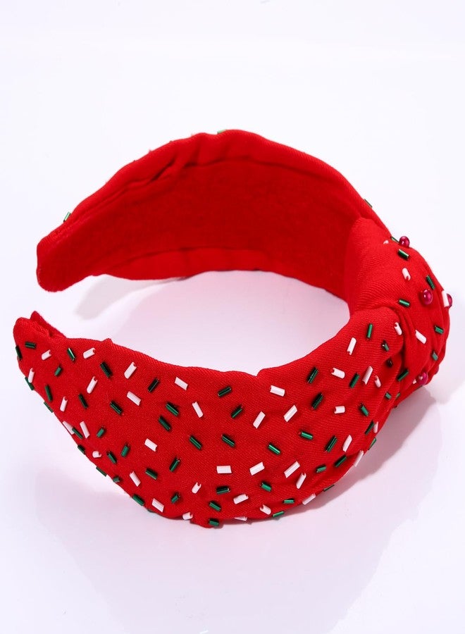 HSWE Christmas Knotted Headbands Red Green Sprinkle Knotted Headband Birthday Hairbands Statement Velvet Wide Turban Hair Hoop for Women Girls Xmas Holiday Party Hair Accessories Gifts - Image 3