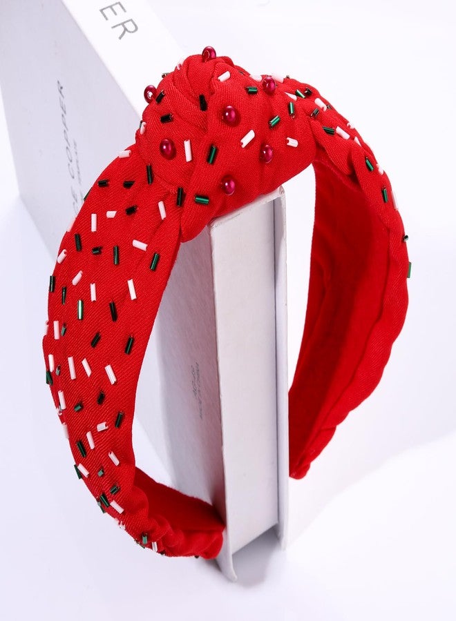 HSWE Christmas Knotted Headbands Red Green Sprinkle Knotted Headband Birthday Hairbands Statement Velvet Wide Turban Hair Hoop for Women Girls Xmas Holiday Party Hair Accessories Gifts - Image 4