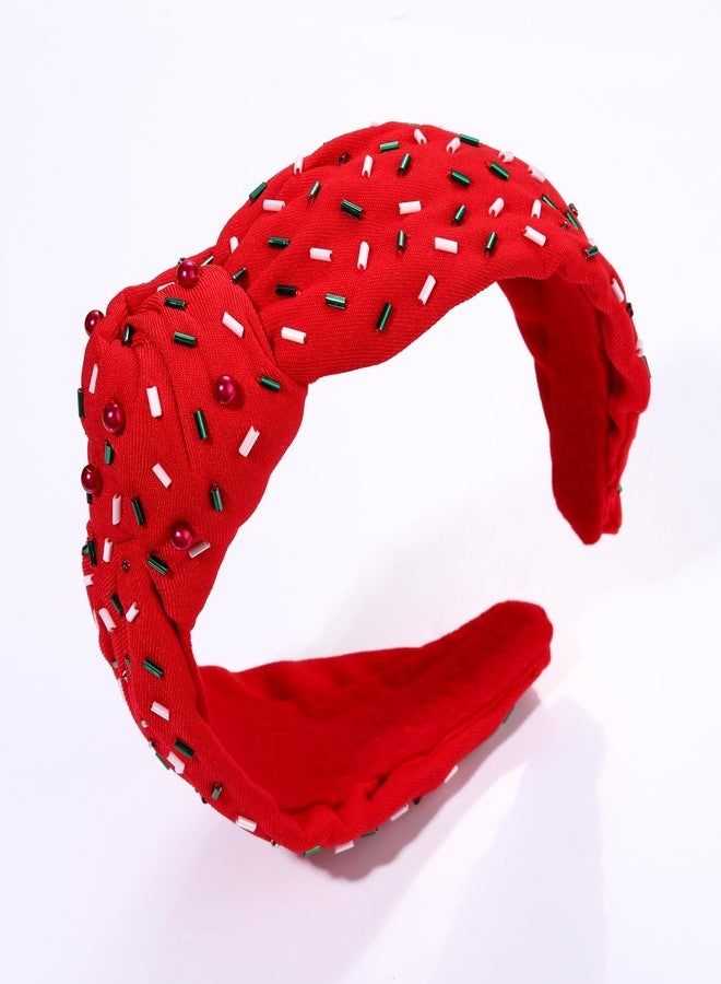 HSWE Christmas Knotted Headbands Red Green Sprinkle Knotted Headband Birthday Hairbands Statement Velvet Wide Turban Hair Hoop for Women Girls Xmas Holiday Party Hair Accessories Gifts - Image 2