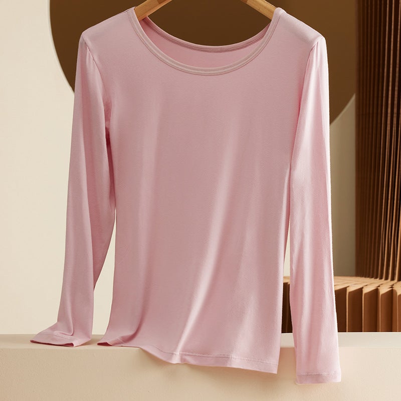 Womens Modal Thermal Shirt Autumn Winter Round Neck 601 pink - Image 1