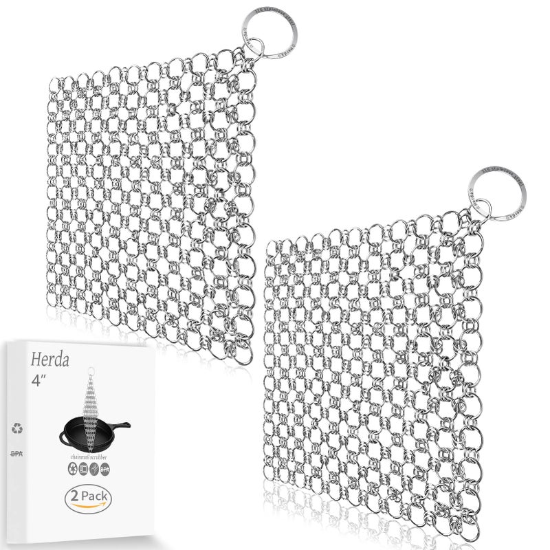 2Pack Cast Iron Scrubber Stainless Steel Chain Mail Scrubber Cast Iron Cleaner Chainmail Scrubber for Dutch Oven Carbon Steel Wok Grill Pan Chain Scrubber Cast Iron Cleaning Tool