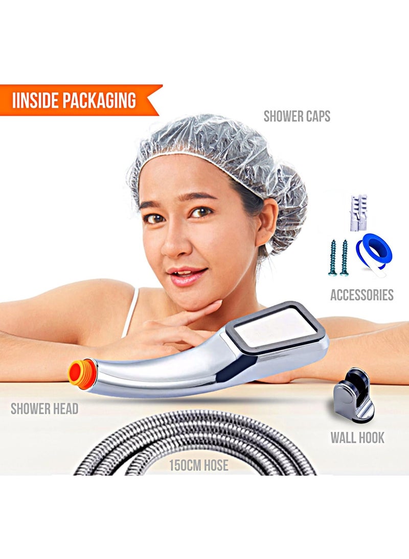 رأس دش عالي الضغط مع 300 نفاثة، محمول باليد G1/2، مجموعة خرطوم صلب 1.5 م، طواقي استحمام، تجربة دش مطرية مريحة موفرة للماء للاستحمام والمنتجعات الصحية من ايشيني، 23 سم، كروم - Image 3