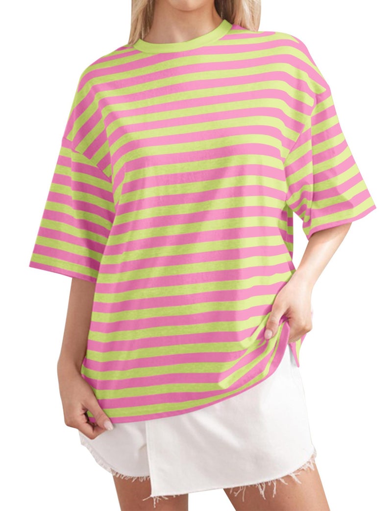 2024 Spring Simple Home Casual New Striped Pattern Round Neck Trendy Short Sleeve Pullover Color Matching T-Shirt - Image 1