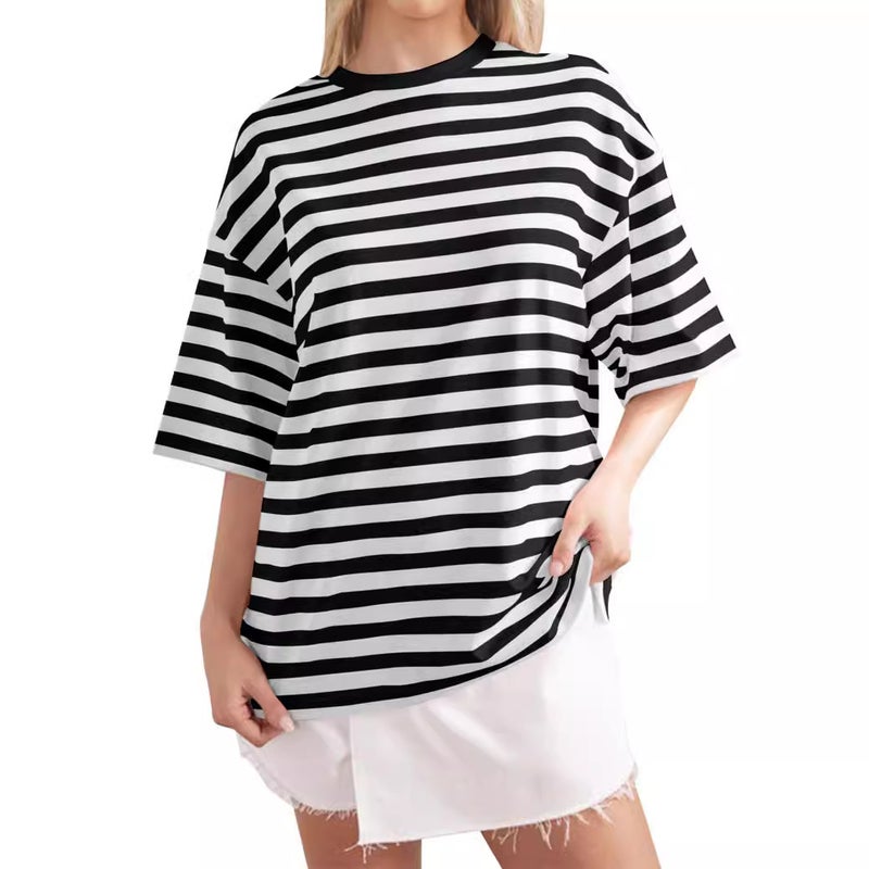 2024 Spring Simple Home Casual New Striped Pattern Round Neck Trendy Short Sleeve Pullover Color Matching T-Shirt - Image 3